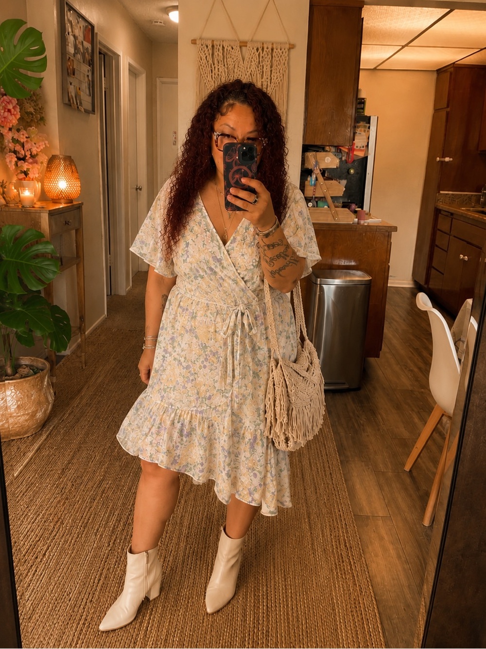 Light Blue Floral Wrap Dress with Ruffle Hem